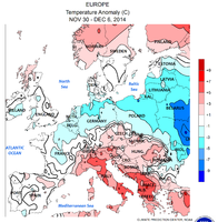 Temperaturabweichung 30.–6. (vom langjährigen Mittel dieser Tage): Das Einflussgebiet feuchtwarmeer Mittelmeerluft in Adria- und Ägäisraum und Ost-Zentraleuropa (Böhmische Masse und Pannonische Tiefebene)