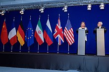 Federica Mogherini (High Representative of the European Union for Foreign Affairs) and Mohammad Javad Zarif (Minister of Foreign Affairs of Iran) presenting the framework agreement, following the multilateral negotiations in Lausanne (2 April 2015). Negotiations about Iranian Nuclear Program - EU High Representative Mogherini and Iranian Foreign Minister Zarif Address Reporters in Lausanne.jpg