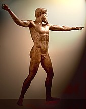 Artemision Bronze, thought to be either Poseidon or Zeus, c. 460 BC, National Archaeological Museum, Athens. Found by fishermen off the coast of Cape Artemisium in 1928. The figure is more than 2 m in height. Netuno19b.jpg