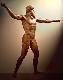 The Artemision Bronze, either Poseidon or Zeus, c. 460 BC, National Archaeological Museum, Athens. This masterpiece of classical sculpture was found by fishermen off Cape Artemisium in 1928. It is more than 2 m in height. Netuno19b.jpg