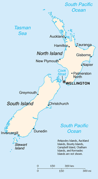 A map of New Zealand showing the major cities and towns