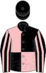 Black and pink (quartered), striped sleeves, black cap