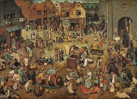 Walka karnawału z postem (Pieter Bruegel starszy) „Dosiadł stulitrowej beczki kapral kawalarzy Kałdun – tarczą, hełmem – rechot na rozlanej twarzy. Zatknął na swej kopii upieczony łeb prosięcia, Będzie żarcie, będzie picie, będzie łup do wzięcia” – Wojna postu z karnawałem