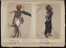 An image of a man and woman from the toddy-tapping community in Malabar from the manuscript Seventy-two Specimens of Castes in India, which consists of 72 full-color hand-painted images of men and women of various religions, occupations and ethnic groups found in Madura, India in 1837, which confirms the popular perception and nature of caste as Jati, before the British colonial authorities made it applicable only to Hindus grouped under the varna categories from the 1901 census onwards Seventy-two Specimens of Castes in India (62).jpg