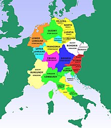 Depiction of the German stem duchies and principal states in East Francia and the early Holy Roman Empire Stem Duchies and Principalities of the early Holy Roman Empire, map 1.jpg