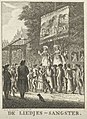 Twee vrouwen zingen op de kermis, doek met 'Vivat Zoutman, Doggersbank', ets van Bendorp (1782).