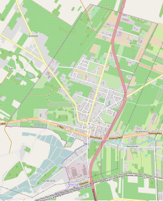 Mapa konturowa Tarczyna, blisko centrum na dole znajduje się punkt z opisem „Parafia pw. św. Mikołaja BM w Tarczynie”