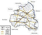 La civitas des Bituriges Cubi. On peut constater, sur cette carte territoriale, le positionnement factuel de la cité gallo-romaine d'Ernodurum à la confluence des routes antiques commerciales et stratégiques d'importance.