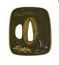 Japanese tsuba sword fitting with a "Rabbit Viewing the Autumn Moon", bronze, gold and silver, between 1670 and 1744