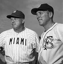 Danny Litwhiler (right) with Miami coach Jimmie Foxx in 1957 University of Miami baseball coach Jimmie Foxx with FSU coach Danny Litwhiler in Tallahassee, Florida (9772311054).jpg