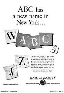 A March 1953 advertisement announcing the call letter change from WJZ-TV to WABC-TV WJZ now WABC advertisement (1953).jpg