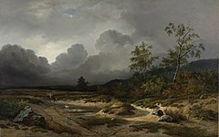 Roelofs Landschap bij naderen onweer, 1850, nog duidelijk in een meer romantische stijl.