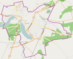 Mapa konturowa Złotowa, blisko centrum na lewo znajduje się punkt z opisem „Parafia św. Rocha”