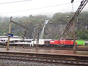 Station yard with waterfall