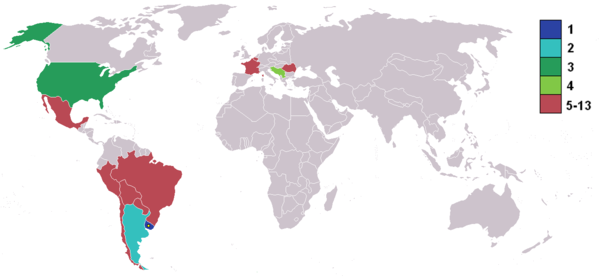 World map highlighting competing nations, colour coded by finishing position with the top 4 marked separately (Uruguay 1, Argentina 2, USA 3, Yugoslavia 4). Most of the Americas are shaded, with small representation in Europe. Other continents are entirely unshaded.