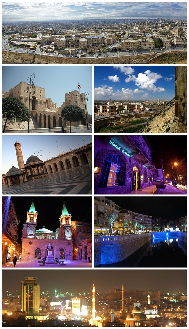 de cima para baixo e da esquerda para a direita: Cidade Antiga de Alepo; Cidadela de Alepo; Soco de Al-Madina; Grande Mesquita de Alepo; Hotel Baron; Catedral de Santo Elias; rio Quwēq; panorama noturno