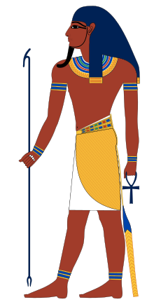 Atum is shown as a man with a was-scepter to show his power, and an Ankh to symbolize his association to life. He is only later and rarely shown with a Double Crown.