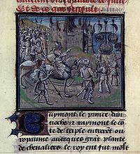 A miniature painting from a medieval manuscript. A man on horseback, followed by men on foot, rides past a burning castle. The castle is on a shore, and there are ships in the water. There is text above and below the painting.