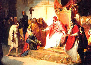 Pintura del XVII en la que se representa al emperador Enrique IV pidiendo el perdón al Papa Gregorio VII. Crédito: wikipedia.org