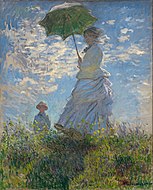 克勞德·莫內的《撐洋傘的女人－莫內夫人與兒子（英语：Woman with a Parasol - Madame Monet and Her Son）》，100 × 81cm，約作於1875年，來自保羅·梅隆（英语：Paul Mellon）的收藏。[59]