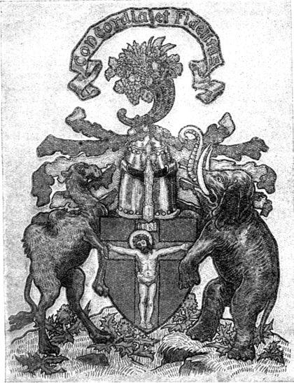 Fig. 251.—Armorial bearings of the Royal Burgh of Inverness: Gules, our Lord upon the Cross proper. Mantling gules, doubled or. Crest: upon a wreath of the proper liveries a cornucopia proper. Supporters: dexter, a dromedary; sinister, an elephant, both proper. (From a painting by Mr. Graham Johnston in Lyon Register.)