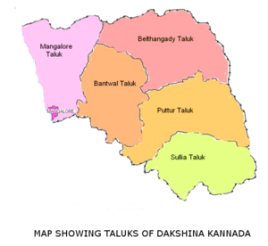 Карта, показывающая талуки района Дакшина Каннада