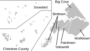A labeled map of the communities of the EBCI. In the top left of this image is the community of Snowbird, which consists of scattered plots of land in Graham County, North Carolina. In the bottom left is the community of Cherokee County, which consists of scattered plots of land in Cherokee County, North Carolina. To the left is the mostly contiguous main area of the Qualla Boundary, consisting of Birdtown to the west and south, Yellowhill and Painttown in the center, Wolfetown to the southeast, and Big Cove to the northeast.