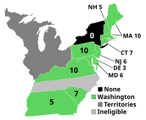 Kort over, hvem, der har vundet hvilke stater (grøn=Washington, sort=ikke afgivet valgmandsstemmer, grå=territorier)