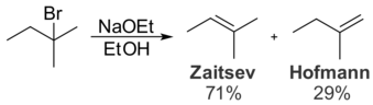 Le traitement du 2-bromo-2-méthylbutane avec une petite base, telle que l'éthylate de sodium, donne le produit Zaitsev.