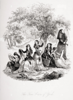 B&W pen drawing of five women and one man dressed as a monk under a tree