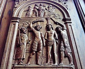 Flagellation du Christ sculptée dans une boiserie.