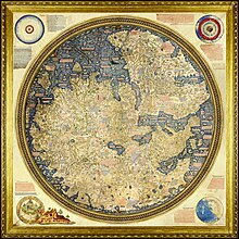The Fra Mauro map, a medieval European map, was made around 1450 by the Italian monk Fra Mauro. It is a circular world map drawn on parchment and set in a wooden frame, about two meters in diameter. FraMauroDetailedMap.jpg