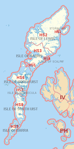 HS postcode area map, showing postcode districts, post towns and neighbouring postcode areas.