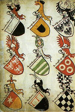 The German Hyghalmen Roll, c. late 15th century, illustrates both winged helmets and a horned helm in the arms of Dalheim, bottom row.