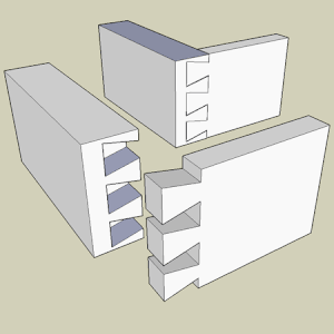 Queue-d'aronde percée (half blind dovetail).