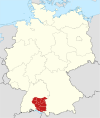 Tyskland, beliggenhed af Regierungsbezirk Tübingen markeret