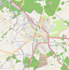 Mapa konturowa Lubina, blisko centrum u góry znajduje się punkt z opisem „KGHM Polska Miedź S.A.”