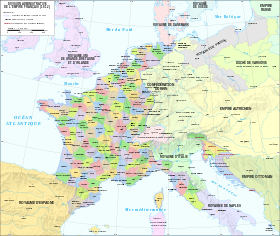 Carte de l'Empire français en 1812, présentant la division en 134 départements.