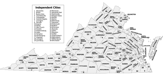 Localização das Cidades Independentes no estado da Virgínia