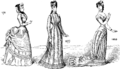 Kjolen til høgre er eit typisk døme på ein ballkjole ein kunne ha i 1880.