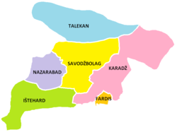 Nazarabadski okrug na karti Alborške pokrajine (označen ljubičastom na zapadu)