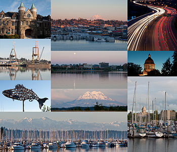 (From top) Old Capitol Building, East Olympia, Interstate 5 at the junction of U.S. Route 101, Port of Olympia, Downtown from Capitol Lake, Washington State Capitol, Salmon sculpture, Mount Rainier, Olympic Mountains and Swantown Marina, Percival Landing Park