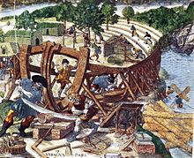 Shipwrights building a brigantine, 1541 Pizarroshipbuilding.jpg