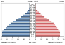 Population pyramid of India showing the beginning of population momentum even though their birth rates have been declining since 1955 Population pyramid of India 2015.png