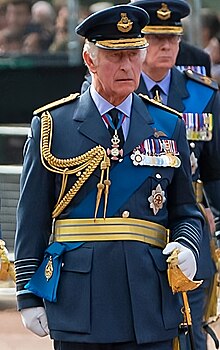 King Charles III, in the No. 1A Service Dress (Ceremonial Day Dress) uniform, of a Marshal of the Royal Air Force Procession to Lying-in-State of Elizabeth II at Westminster Hall - 54 - Charles III (cropped).jpg