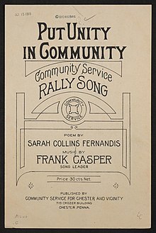Front page of sheet music for "Put Unity in Community" (1919), by Sarah Collins Fernandis and Frank Casper