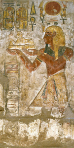 カルナックにあるコンスを祀る神殿の聖域に描かれたラムセス3世のレリーフ