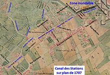 Canal des Stations sur plan de 1707 avec indication des principales voies actuelles