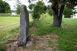 Runstenen Sm 42 med Ryssbysjön i bakgrunden.