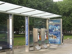 Select Bus Service pay shelter for pre-payment of fare before boarding Select Bus Service buses. Select Bus Service bus shelter.jpg